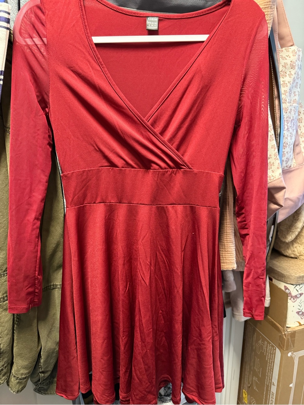 SHEIN Red Long Sleeve Wrap-Front Fit & Flare Dress